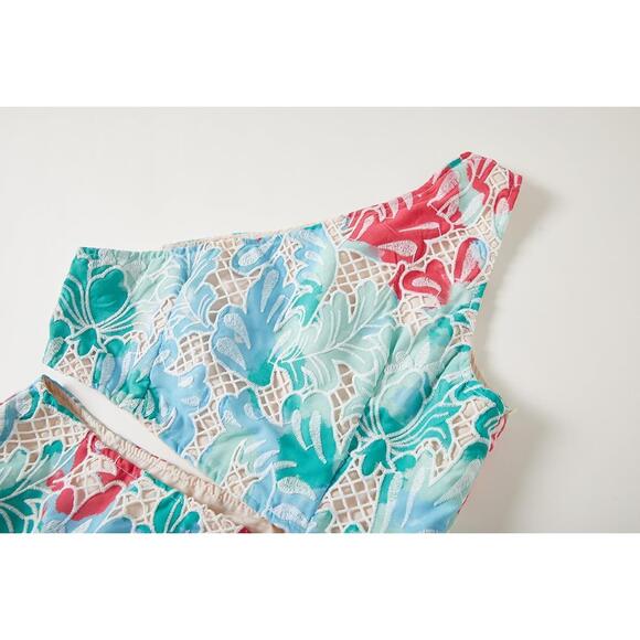 L/XLSunfere ..French Embroidery Cut-Out Print one-Shoulder, one-Waist Dress - Picture 3 of 5